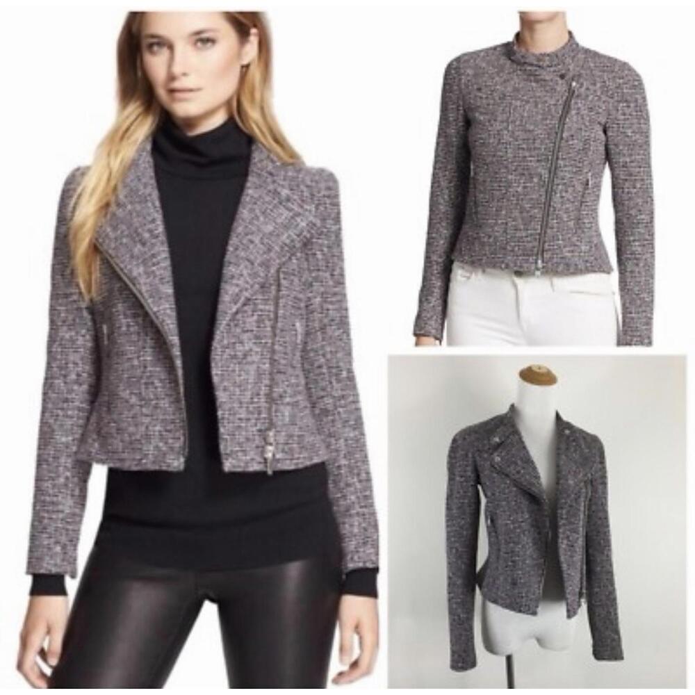 Theory Tweed Moto Jacket Womens Size 4 Asymmetrical Zip Cropped Blazer‎